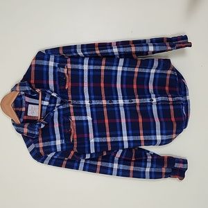 American Eagle Outfitters Men's Blue, Orange and White Classic Fit Flannel Shirt